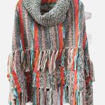Boho cowl neck turtle neck poncho sweater multicolor Multiple Photo 1