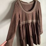 easel Boho Brown Embroidered Tiered Mini Dress | Long Sleeve Babydoll S Photo 3