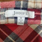 JODIFL  Red and Navy Plaid Button Down Shirt with Lace Hem Photo 1