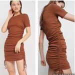 ZARA  Brown Ribbed Knit Short Sleeve Side Ruched Tie Mini Bodycon Dress Size S Photo 4