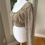 Japna  Tan Black Leopard Print Long Sleeve Sheer Square Neck Cropped Blouse Sz M Photo 2