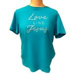kim rogers Jesus “Love Like Jesus” Rhinestone Embroidered Short Sleeve Tee Shirt Turquoise Photo 3