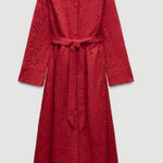 ZARA  WOMAN COLLECTION Midi dress made of 100% cotton. Lapel collar and long cuffed sleeves. Adjustable tied self belt. Tonal embroidered eyelet detail. Front button closure. Red | 8420/916/600 Photo 0