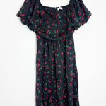 Petal & Pup Chlo Cherry Print Puff Sleeve Midi Dress Size Large Smocked Retro Black Photo 2