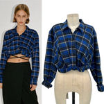 ZARA Blue Plaid Flannel Cropped Button Down Shirt Size XS Photo 1