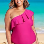 Kona Sol Women’s Ruffle One Shoulder Coverage One Piece Pink Swimsuit
Size L (12-14 Photo 0