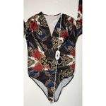 ZARA  Nautical Wrap Bodysuit Top Blue Burgundy Gold Chain Print‎ MEDIUM Colorful Photo 9