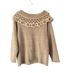 Needles & Yarn Crochet Flower Hand Knit Sage Green Tan Sweater Size Medium Photo 2