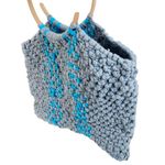Handmade  Crochet Tote Bag Gray Blue Striped Yarn Purse with Wooden Round Handles Photo 3