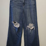 American Eagle Size 10 Super High Rise Baggy Wide Leg Jeans Destroyed Photo 0