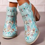 Boho Embroidered Booties Blue Vegan Chunky Block Heel Buckle Slingback Boots 11 Photo 1
