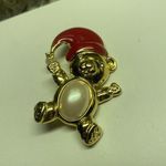 Designer Signed Marvella Faux Pearl Teddy Bear in Santa Hat Gold Tone Brooch Pin Photo 4