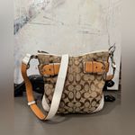 Coach 2005 Vintage Signature Buckle Demi 2-way Bag khaki/White Leather Trim Rare Photo 3