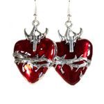 Handmade Grunge Goth Barbed Wire Red Heart Earring Silver-Toned Metal Hypoallergenic Hook Photo 1