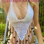 Boutique NEW Crochet White Crop Top Bralette Fringe Beaded Photo 0