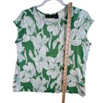 Tahari 100% Linen Top Green White Floral Print Short Sleeve Button Detail Sz M Photo 5
