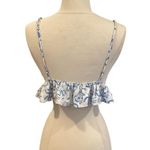 Resa Bralette Crop Top With Frill Hem In White & Blue Print Photo 4