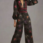 Farm Rio Anthropologie x Jumpsuit M NWT Deep-V Hearts Print Wide-Leg Photo 0
