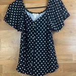 Monteau Small V-neck Short Sleeve Black Front Buttonup Top with White Po… Photo 1