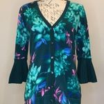 Isaac Mizrahi Live floral ruffle bell sleeve cardigan sweater fine knit S Photo 0