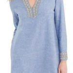 Chico's Embellished Beaded 100% Linen Dress Blue Size 0 US 4 Boho Coastal Photo 0