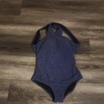 Shoshanna  Navy & Silver High Neck Cross Back One-Piece Swimsuit Size 4 Photo 3
