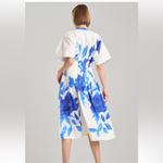 Natori White Blue Floral Collared Front Button Cinched Waist Andora Dress Size 8 Photo 3