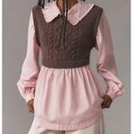 Anthropologie  Maeve Layered Sweater Vest Top Medium Women Brown Pink Poplin Knit Photo 8