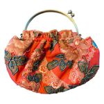 Vintage Beaded Floral Ruffle Brass Handle Clutch Chain Bag Red Gold Photo 3