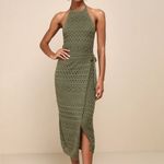 Lulus NWT Blissful Strolls Olive Green Crochet Faux-Wrap Halter Midi Dress Small Photo 2
