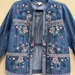 J Jill Floral Embroidered Denim Open Front Jacket Women’s Sz S Boho Hippie EUC Blue Photo 2