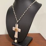 Hammered metal two tone Cross Pendant and faux pearl chain necklace Gold Photo 2