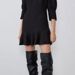 ZARA Textured Weave Dress Black Puff Princess Sleeve Ruffle Cut-Out Back Crinkle Photo 3