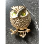 VTG 70s Owl Pin Brooch SARAH COVENTRY Gold Neon Green Rhinestones Bird Signed Photo 4