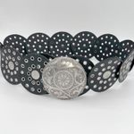 Womens Statement Belt Black Round Circle Studded Belt Ornate Silver Buckle Y2K Photo 0