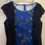 Avon Womens Midi Dress M Navy Blue Butterflies Floral Print Black Lace Sides Size M Photo 1