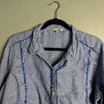 John Mark  Button Up Linen Top Women's 1X Blue White Stripe Roll‎ Tab Fringe Photo 2