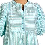 &merci &merci Aqua White Striped Seersucker Tiered Mini Dress S Half Button Puff Sleeve Photo 2