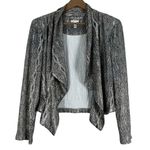 Chico's Open Front Blazer Womens S Silver Shiny Metallic Drape Snake Print Photo 0