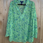 Susan Graver  Womens Shirt Medium Green  Floral‎ Long Sleeve Sheer Tunic Blouse Photo 0