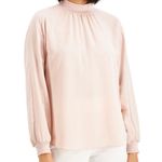 Alfani New  Mock Neck Long Sleeve Top Knit Trim High Neck Woven Blouse Black Photo 17