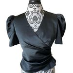 Darcy Vintage 80s Black Formal Satin Taffeta Puff Sleeves Wrap Blouse S Size XS Photo 0