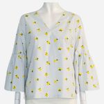 Banana Republic Lemon Print Blouse Shirt Pastel Blue Yellow Bell Sleeve XS Photo 1