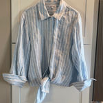 Reformation  Blue White Stripe Linen Blend Cropped Tie Front Shirt Size S‎ Photo 0