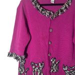 Vintage Embroidered Cat fringe button down cardigan sweater size L XL Pink Photo 3