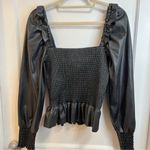 7 For All Mankind Square Neck Shirred Smocked Faux Leather Peplum Blouse Top Photo 3