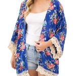 Umgee Kimono Womens S Blue Red Lace Floral Print Lace Flowy Open Cover Up Boho Photo 0