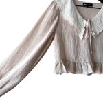 ZARA Beige Ruffle Hem Blouse with Oversized Embroidered Collar Women’s Size M Photo 3