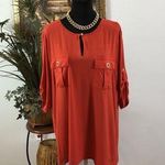 Ellen Tracy Women Blouse XL Short Sleeve Collarless Comfy Boxy Orange Boho Hippi Photo 0
