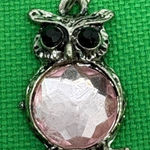 Owl Charm Pendant Pink Rhinestone Silver Tone Animal Jewelry Black Onyx Eyes Photo 0